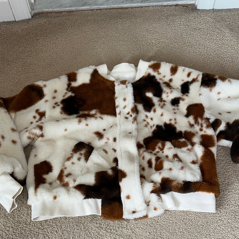 Le Lis White and Brown Faux Fur Cow Print Jacket